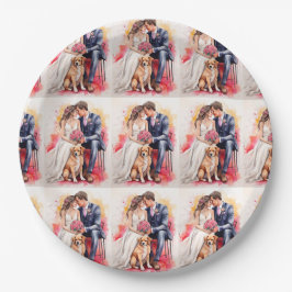 Plato De Papel Hermosa Pareja de Boda Acuarela