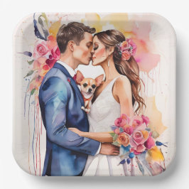 Plato De Papel Hermosa Pareja de recién casados con divertida y l