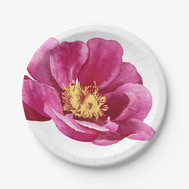 Plato De Papel Hermosa peonía rosa pintada a mano (Anverso)