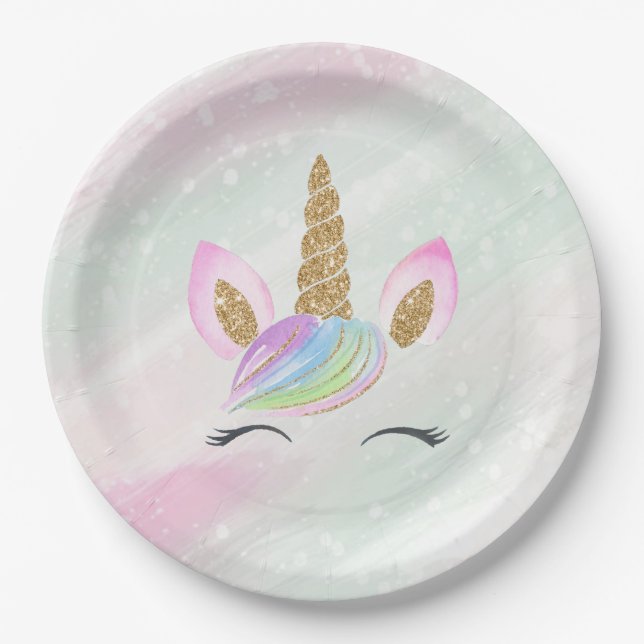 Plato De Papel Hermosa Personalizado Unicornio con arcoiris (Anverso)