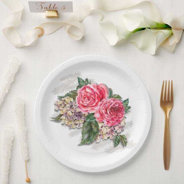 Plato De Papel Hermosa placa de papel de rosas rojas (Boda)