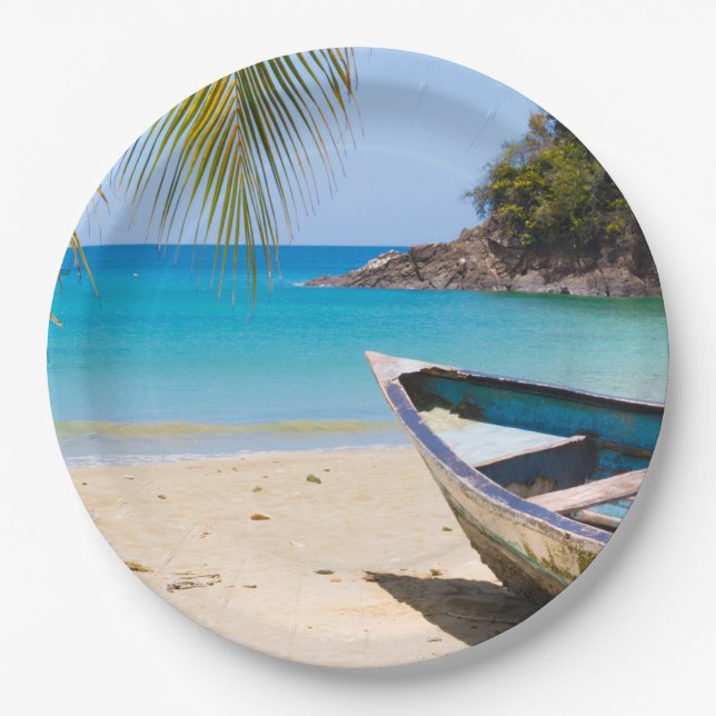 Plato De Papel Hermosa playa tropical con lancha (Anverso)