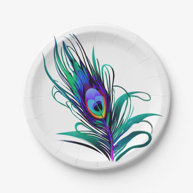 Plato De Papel Hermosa pluma de pavo real (Anverso)