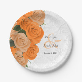 Plato De Papel Hermosa Rosa Naranja y matrimonio Damasco Blanco