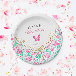 Plato De Papel Hermosa Rosa Rosa Floral Arco Dorado Baby shower