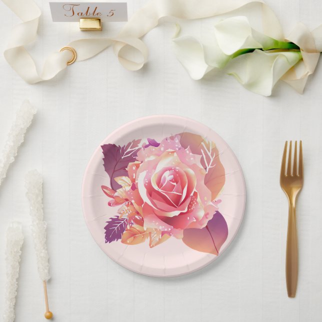 Plato De Papel Hermosa rosa rosa simple (Boda)