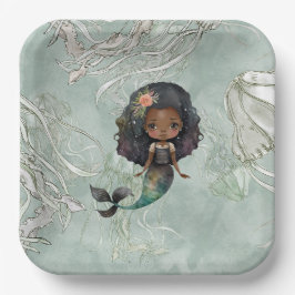 Plato De Papel Hermosa Sirena Jellyfish Cream Green Cumpleaños
