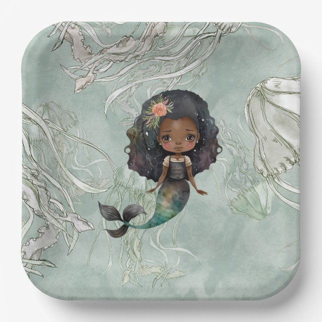 Plato De Papel Hermosa Sirena Jellyfish Cream Green Cumpleaños (Anverso)