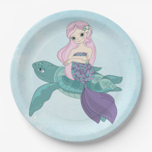 Plato De Papel Hermosa sirena sentada en una tortuga marina
