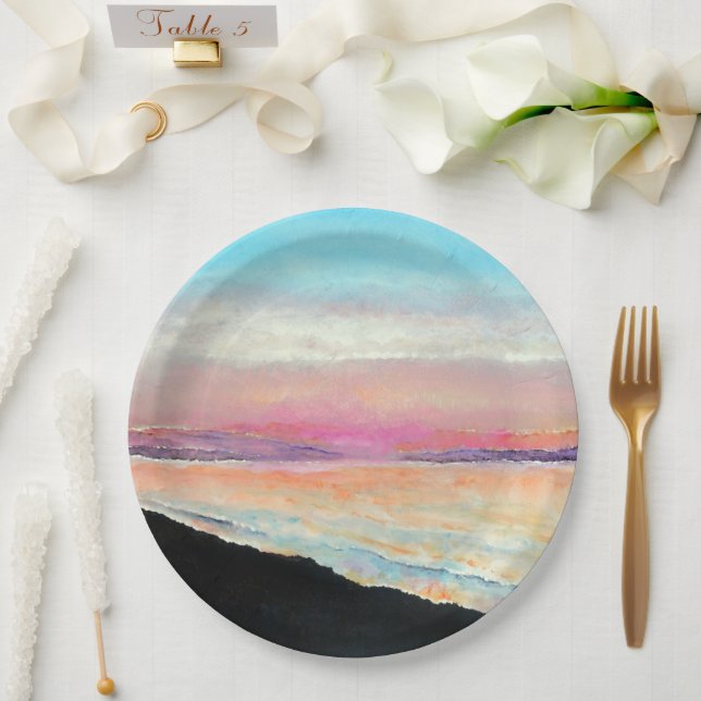Plato De Papel Hermosa Sunset Pintada En Pasteles | Placa de pape (Boda)
