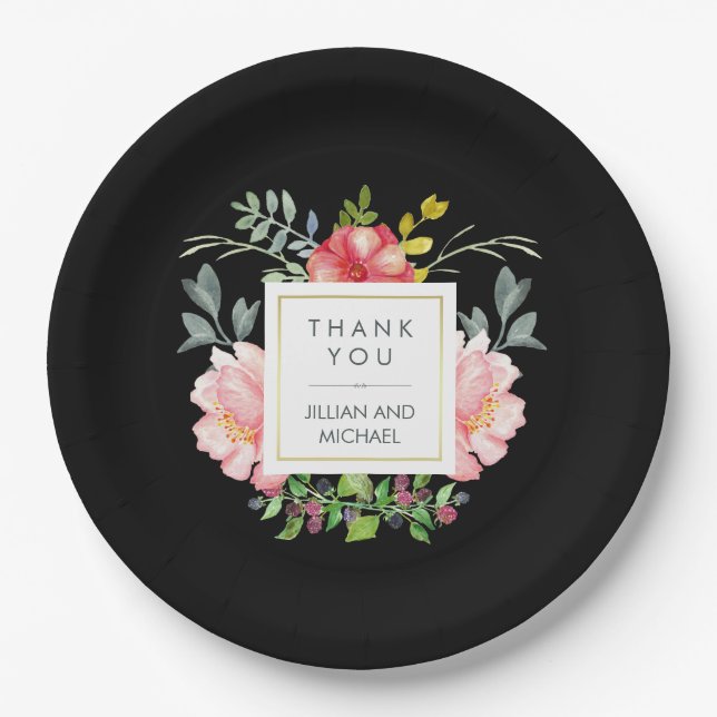 Plato De Papel Hermosa y elegante Peonies acuarela en negro (Anverso)