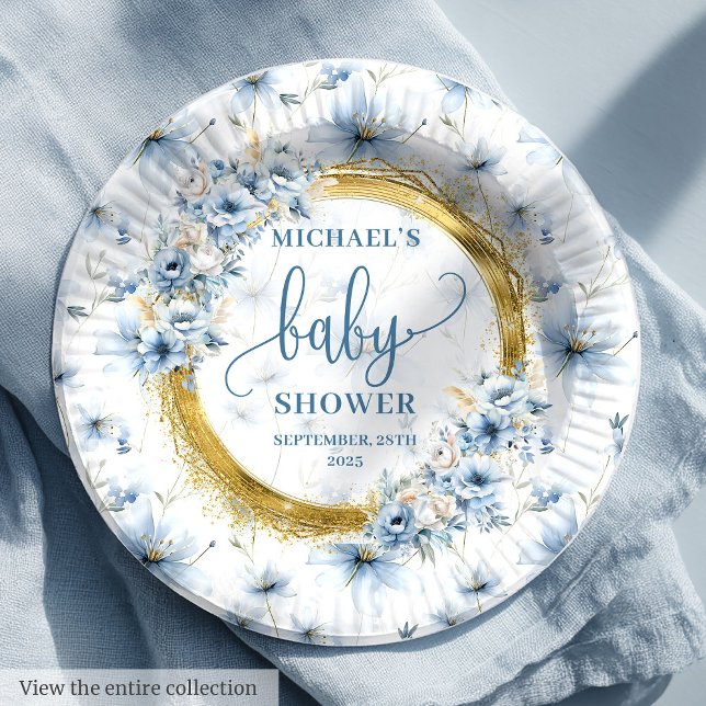 Plato De Papel Hermosas flores azules doradas boho personalizado (Lovely dusty blue flowers gold boho personalized Paper Plates)