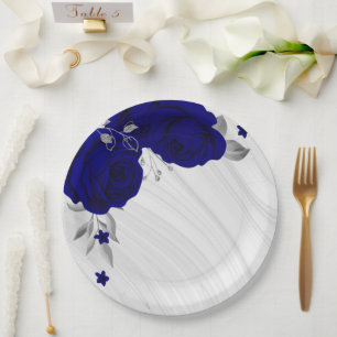 Plato De Papel Hermosas flores azules reales mármol gris plateado