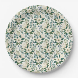 Plato De Papel Hermosas flores blancas modernas y bayas