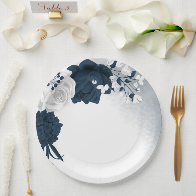 Plato De Papel Hermosas flores blancas y azules marinos (Boda)