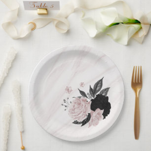Plato De Papel Hermosas flores negras y rosadas en mármol