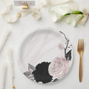 Plato De Papel Hermosas flores negras y rosadas en mármol