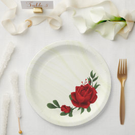 Plato De Papel hermosas flores rojas hojas verdes