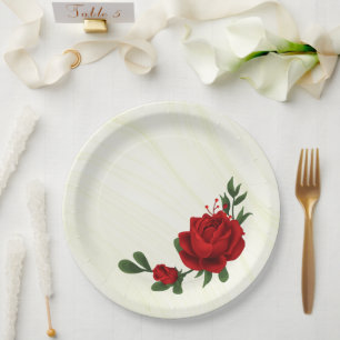 Plato De Papel hermosas flores rojas hojas verdes