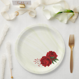 Plato De Papel hermosas flores rojas hojas verdes