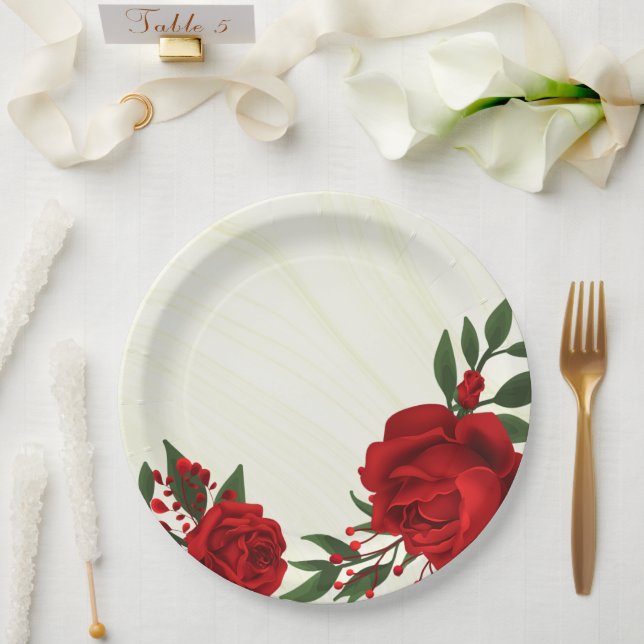 Plato De Papel hermosas flores rojas hojas verdes (Boda)