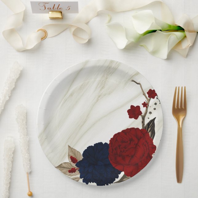 Plato De Papel Hermosas flores rojas y azules botánicas (Boda)