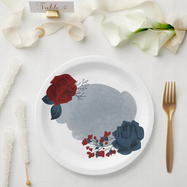 Plato De Papel Hermosas flores rojas y azules marino (Boda)