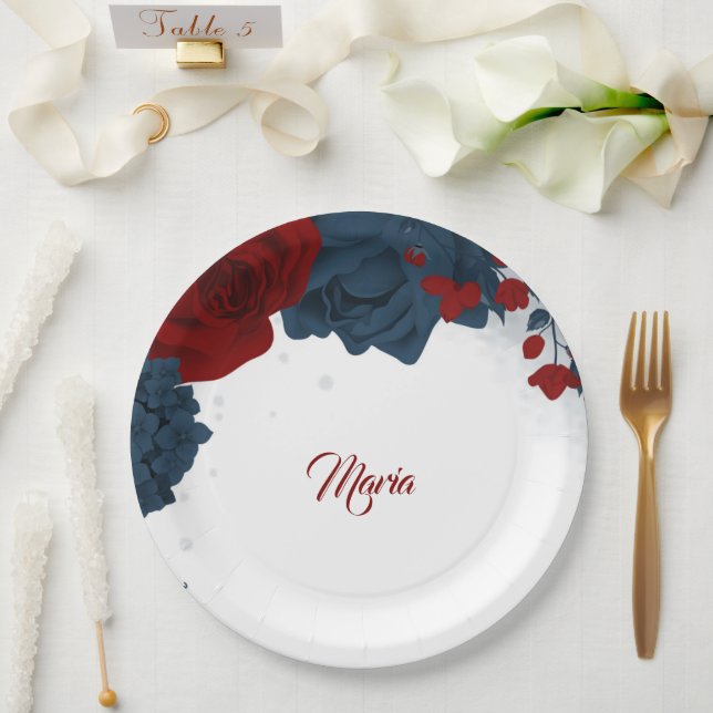 Plato De Papel Hermosas flores rojas y azules marino  (Boda)