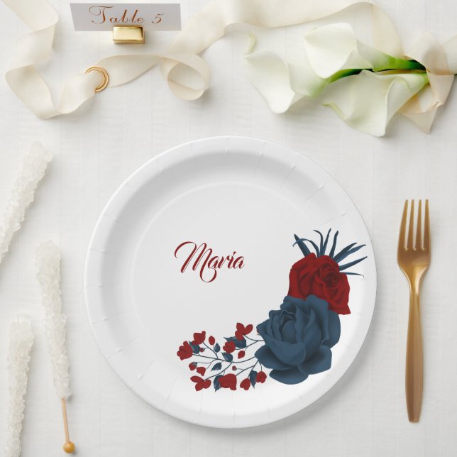 Plato De Papel Hermosas flores rojas y azules marino (Boda)