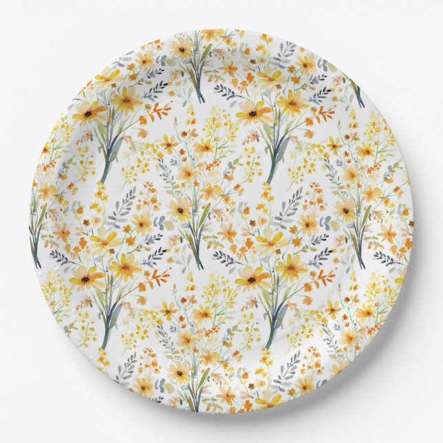 Plato De Papel Hermosas flores silvestres de primavera amarilla (Anverso)