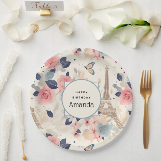 Plato De Papel Hermosas flores y la Torre Eiffel Cumpleaños de Pa (Boda)