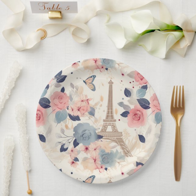 Plato De Papel Hermosas flores y la Torre Eiffel París (Boda)