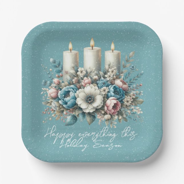 Plato De Papel Hermosas Navidades turquesas florean velas (Anverso)
