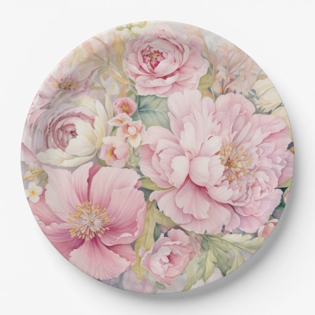 Plato De Papel Hermosas peonías rosadas (Anverso)