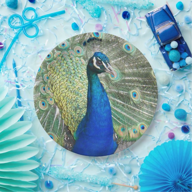 Plato De Papel Hermosas plumas de pavo real azul (Fiesta)