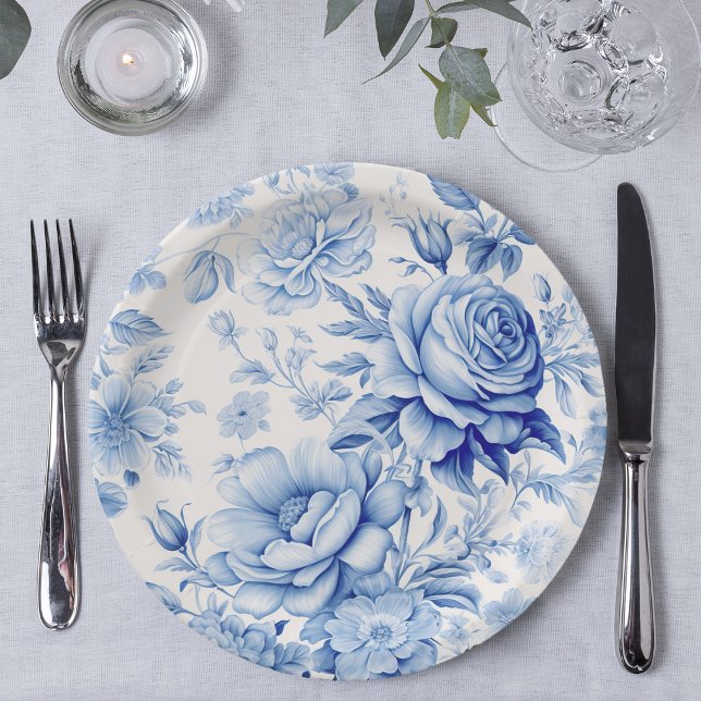Plato De Papel Hermosas rosas azules y blancas y flores silvestre (Subido por el creador)