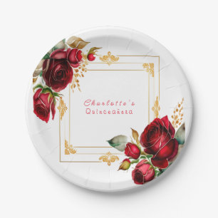 Plato De Papel Hermosas Rosas Rojas Filigrana de Oro Quinceañera