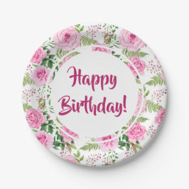 Plato De Papel Hermosas rosas rosadas Feliz cumpleaños