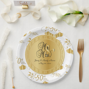 Plato De Papel Hermoso aniversario de 50 Bodas en blanco y oro