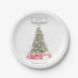 Plato De Papel Hermoso árbol de Navidad Acuarela Arte Navideño
