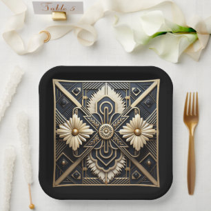 Plato De Papel Hermoso Art Deco Marfil Cream Gold Black