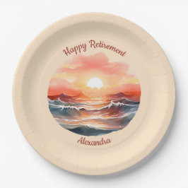 Plato De Papel Hermoso Atardecer Sobre Olas del Océano Jubilación
