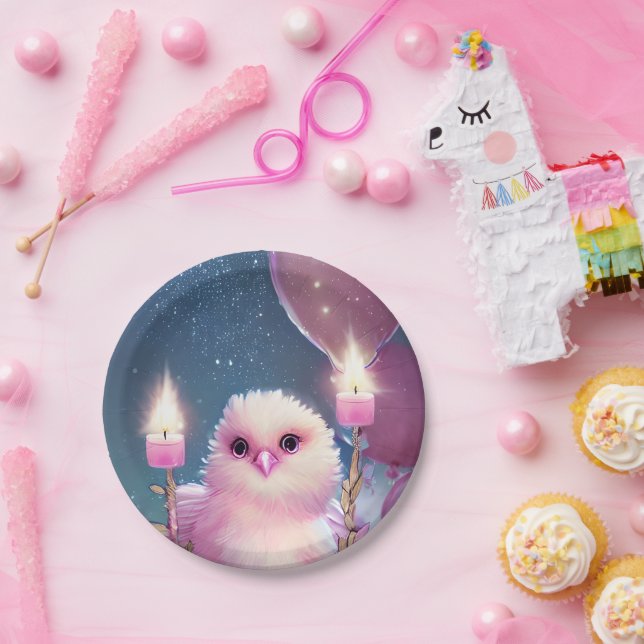 Plato De Papel Hermoso Ave Fluffy Pink Birday Baby (Fiesta)