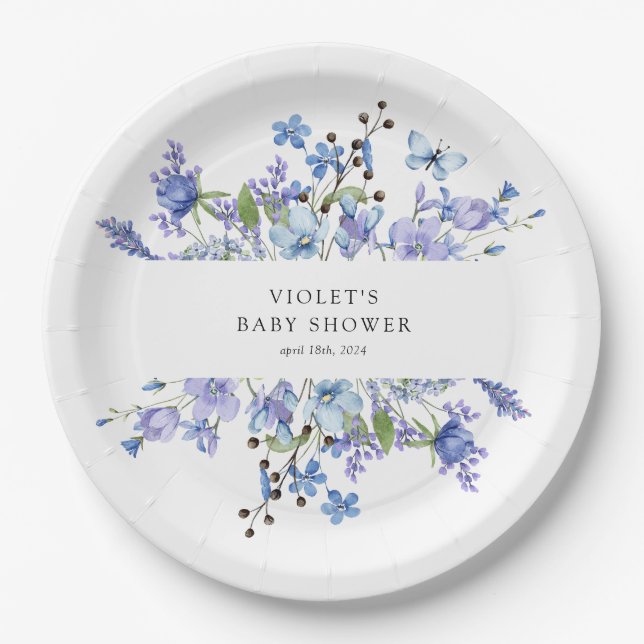 Plato De Papel Hermoso Baby Shower Blue Wildflower (Anverso)