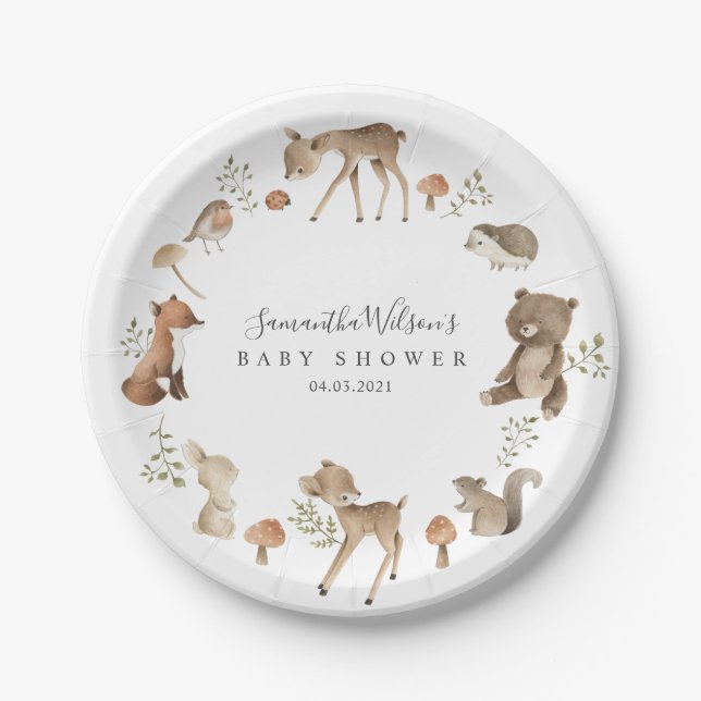 Plato De Papel Hermoso bebé Bunny Deer Fox Floral Baby Shower (Anverso)