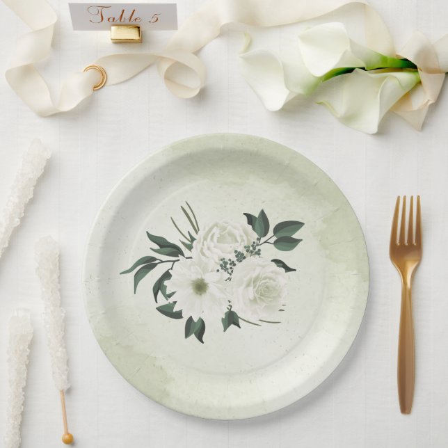 Plato De Papel hermoso boda de vegetación floral blanca (Boda)