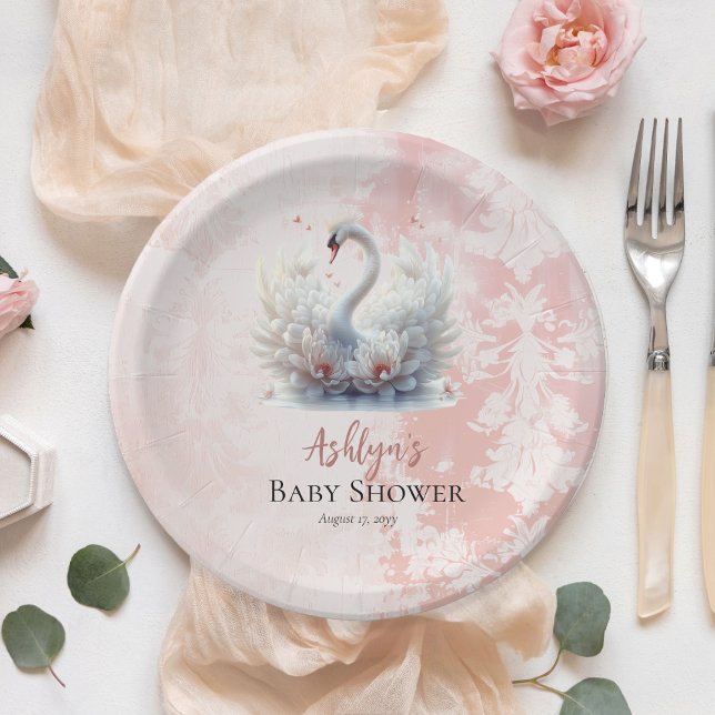 Plato De Papel Hermoso Chica de Damasco Floral Rosa (Beautiful Swan Pink Lotus Flowers Floral and Damask Girl Baby Shower Paper Plates)