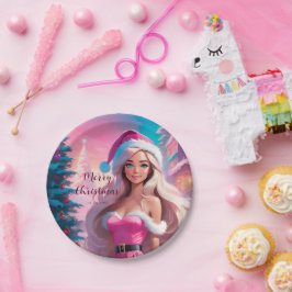 Plato De Papel Hermoso Chica de Navidades rosados 01