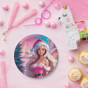 Plato De Papel Hermoso Chica de Navidades rosados 01