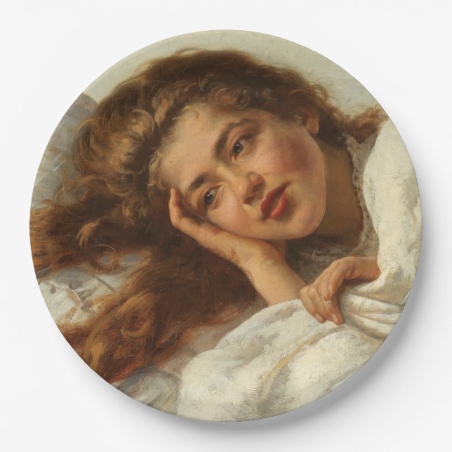 Plato De Papel Hermoso Chica en cama con pelo rojo (Anverso)